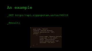 An example
_GET http://api.zippopotam.us/us/90210
_Result:
 