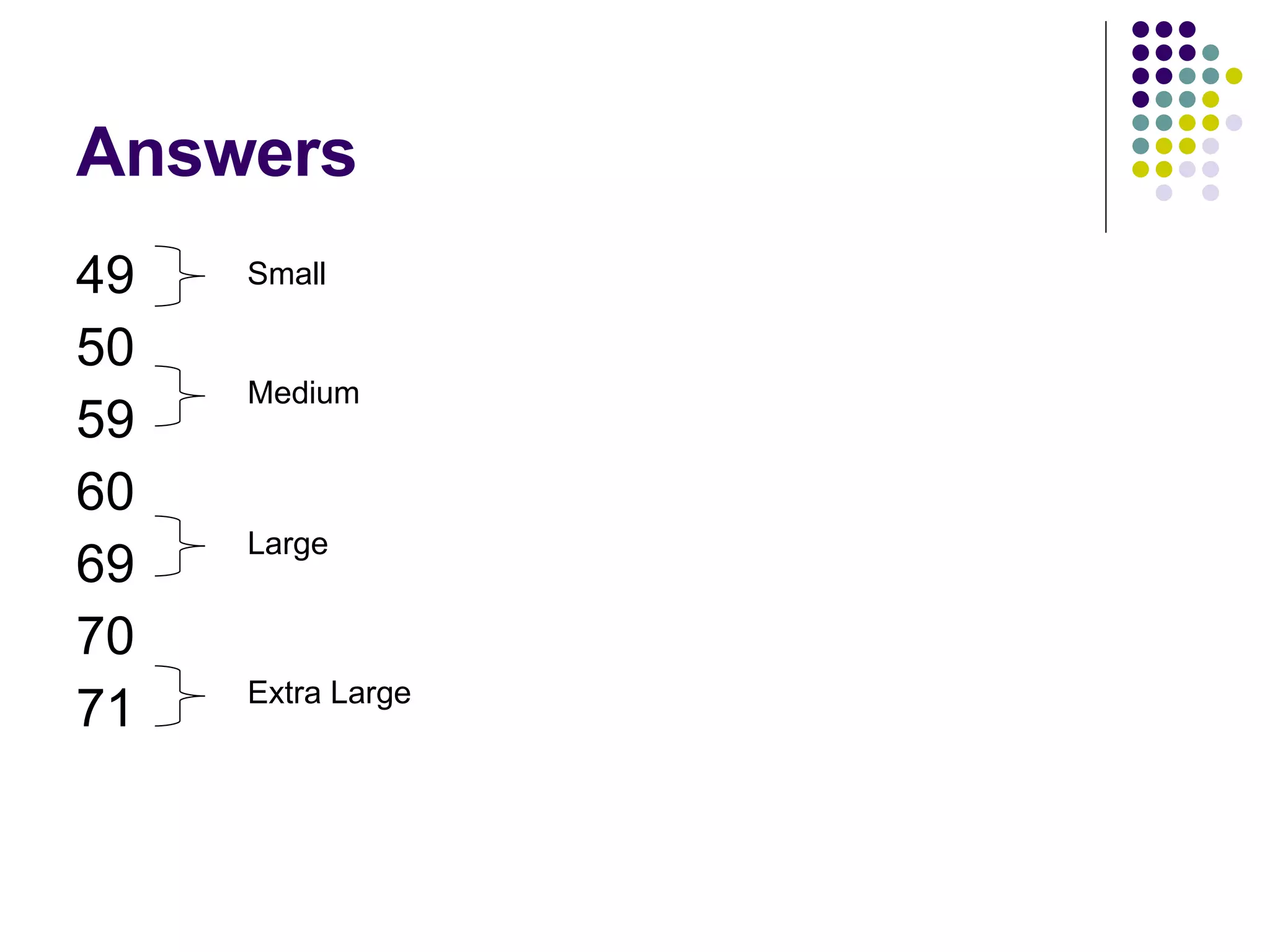 Answers 49 50 59 60 69 70 71 Small Medium Large Extra Large 