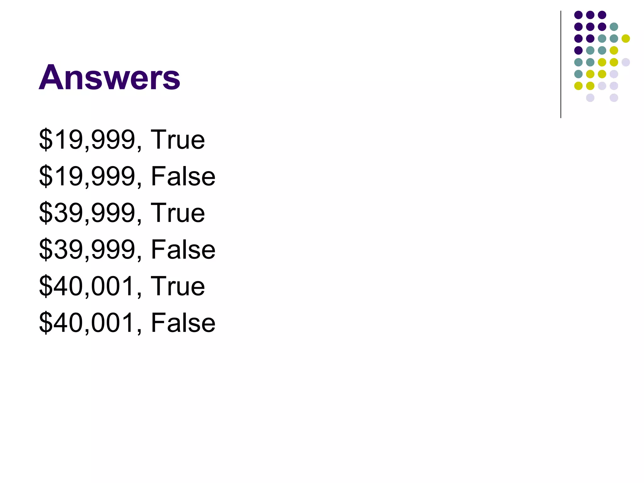 Answers $19,999, True $19,999, False $39,999, True $39,999, False $40,001, True $40,001, False 