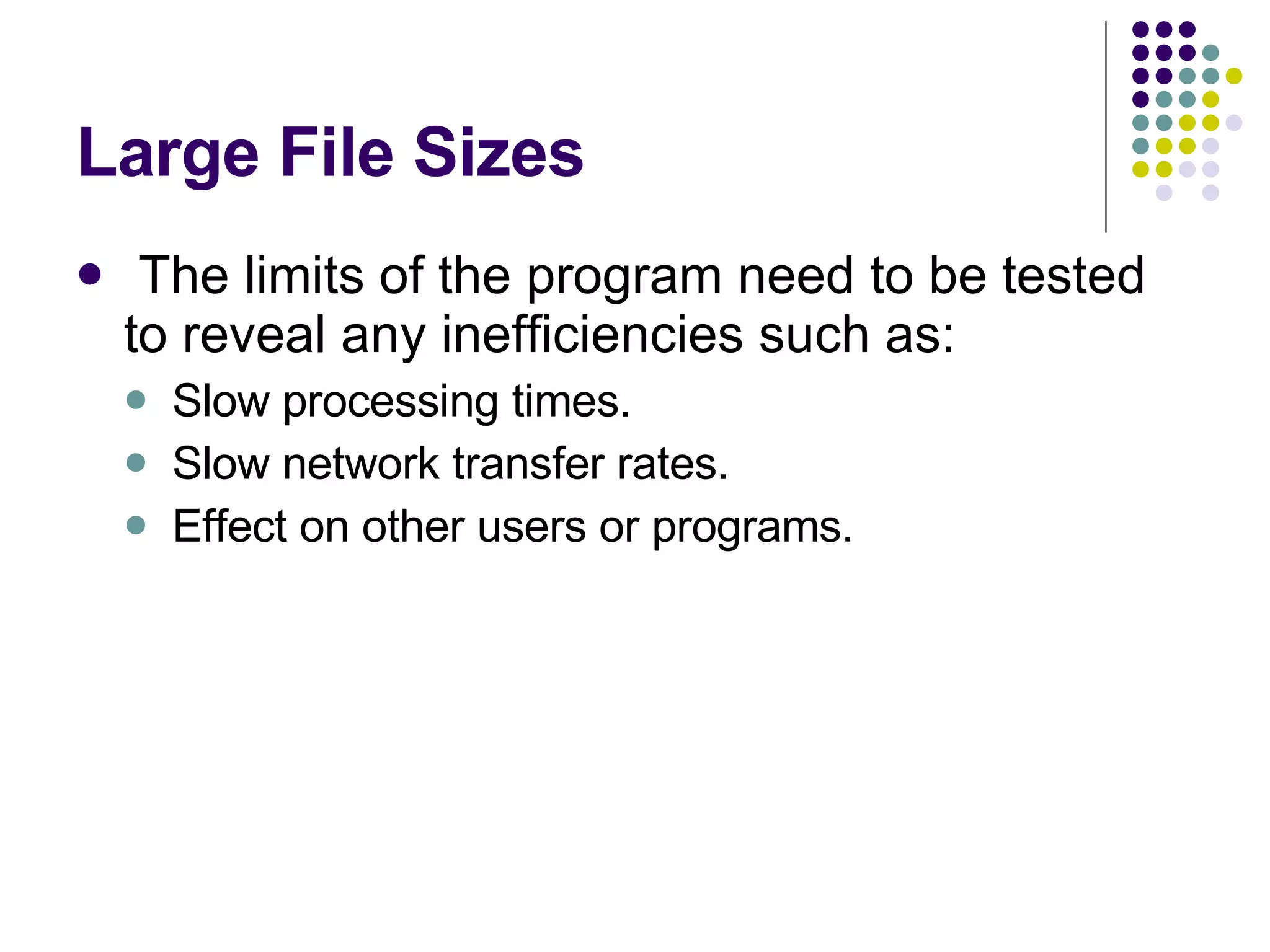 Large File Sizes The limits of the program need to be tested to reveal any inefficiencies such as: Slow processing times. Slow network transfer rates. Effect on other users or programs. 