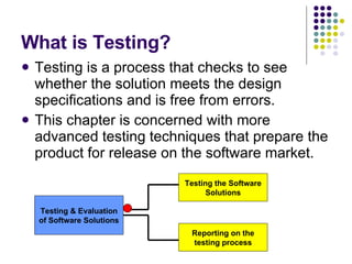 What is Testing? Testing is a process that checks to see whether the solution meets the design specifications and is free from errors. This chapter is concerned with more advanced testing techniques that prepare the product for release on the software market. Testing & Evaluation of Software Solutions Testing the Software Solutions Reporting on the testing process 