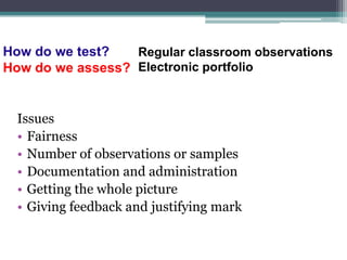 How do we test?   Regular classroom observations
How do we assess? Electronic portfolio


  Issues
  • Fairness
  • Number of observations or samples
  • Documentation and administration
  • Getting the whole picture
  • Giving feedback and justifying mark
 