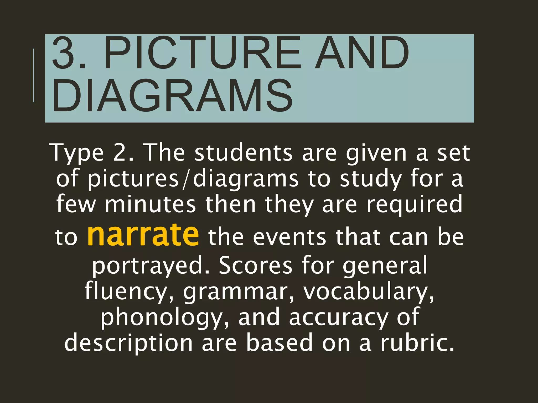 3. PICTURE AND
DIAGRAMS
Type 2. The students are given a set
of pictures/diagrams to study for a
few minutes then they are required
to narrate the events that can be
portrayed. Scores for general
fluency, grammar, vocabulary,
phonology, and accuracy of
description are based on a rubric.
 