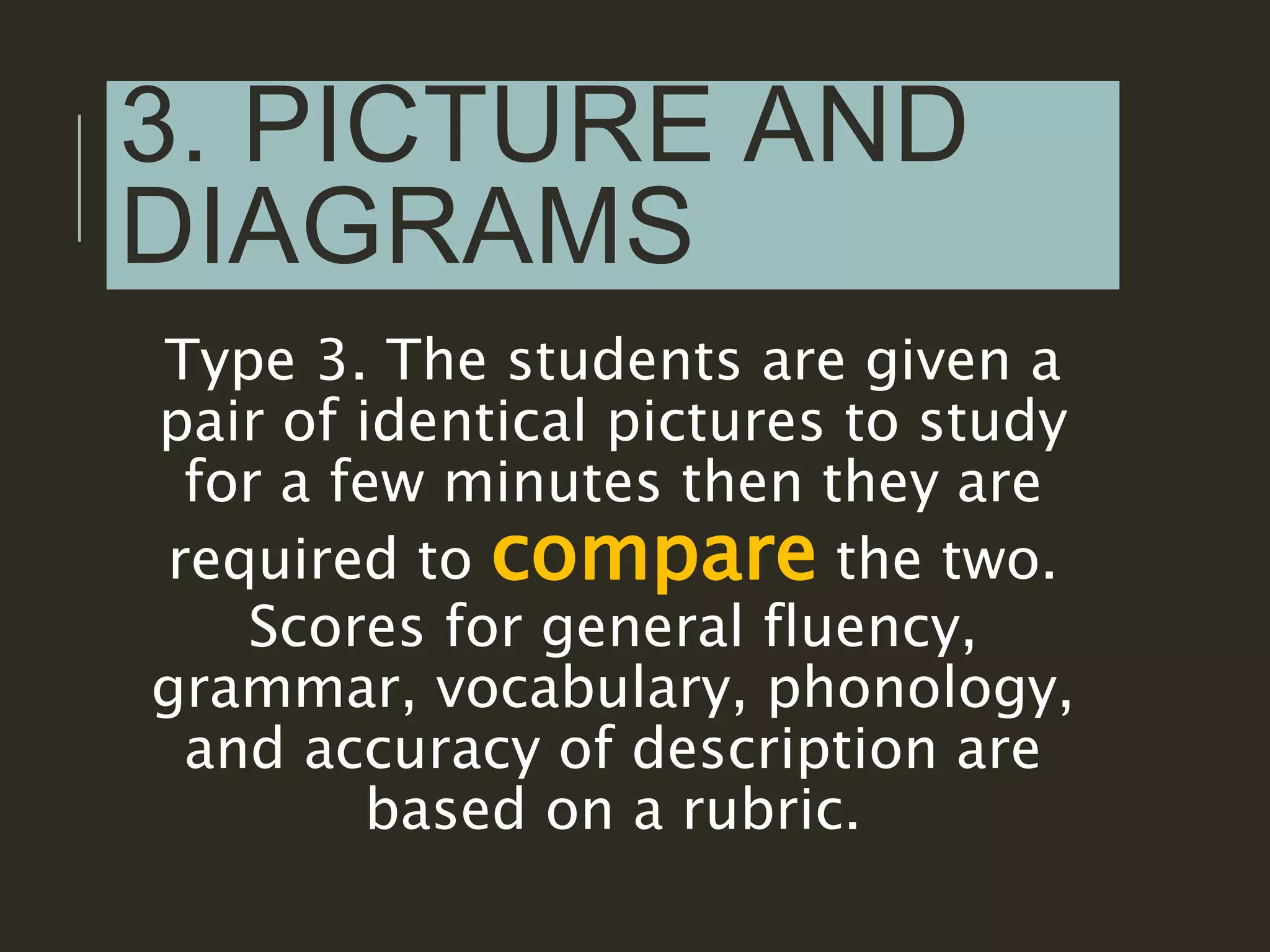 3. PICTURE AND
DIAGRAMS
Type 3. The students are given a
pair of identical pictures to study
for a few minutes then they are
required to compare the two.
Scores for general fluency,
grammar, vocabulary, phonology,
and accuracy of description are
based on a rubric.
 