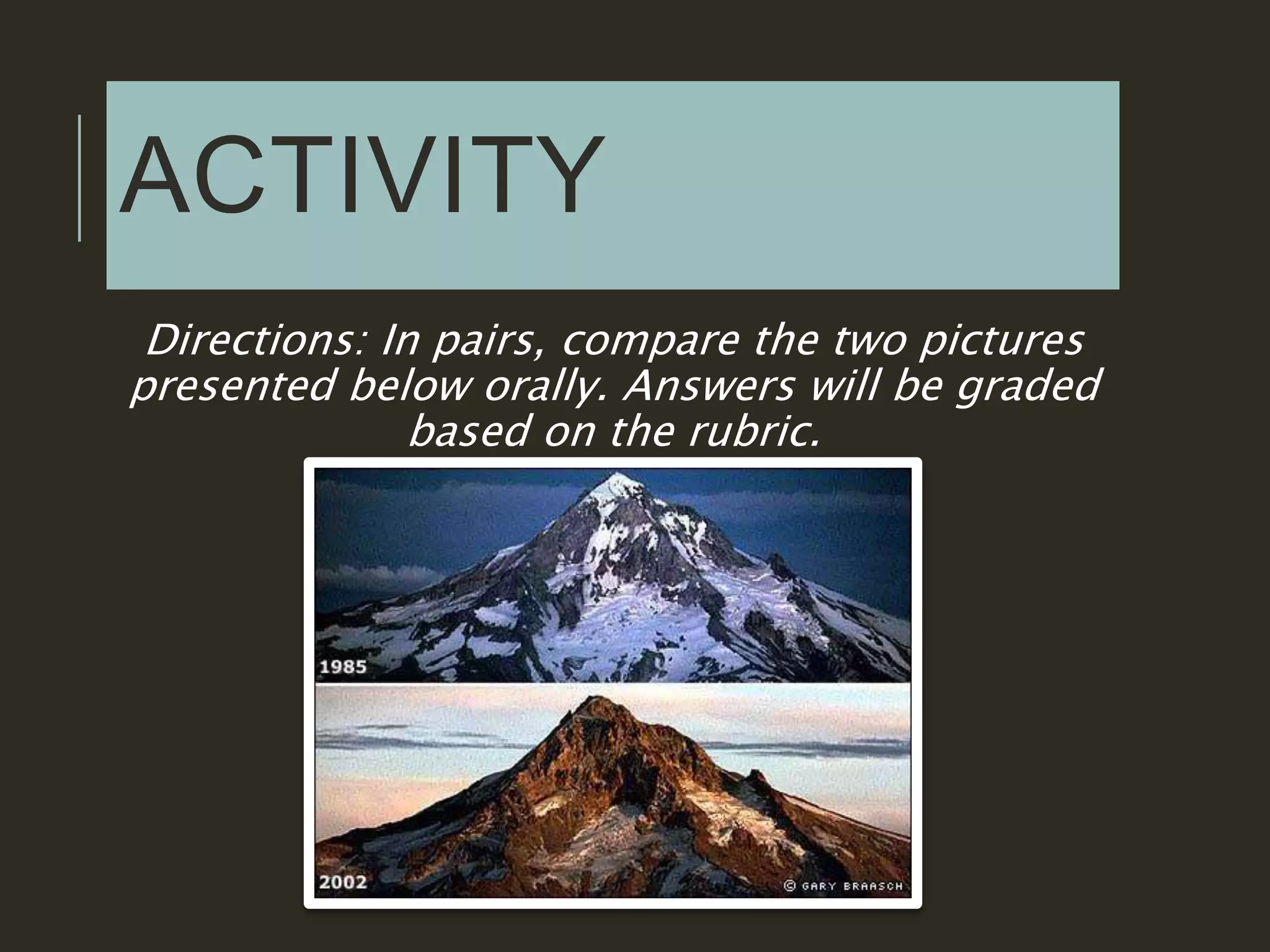 ACTIVITY
Directions: In pairs, compare the two pictures
presented below orally. Answers will be graded
based on the rubric.
 