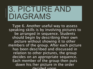 3. PICTURE AND
DIAGRAMS
Type 6. Another useful way to assess
speaking skills is by involving pictures to
be arranged in se...