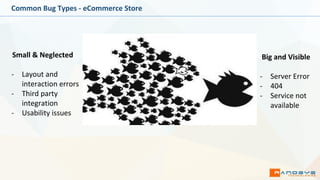 Common Bug Types - eCommerce Store
Big and Visible
- Server Error
- 404
- Service not
available
Small & Neglected
- Layout and
interaction errors
- Third party
integration
- Usability issues
 