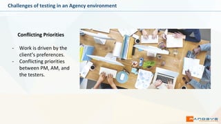 Challenges of testing in an Agency environment
Conflicting Priorities
- Work is driven by the
client’s preferences.
- Conflicting priorities
between PM, AM, and
the testers.
 