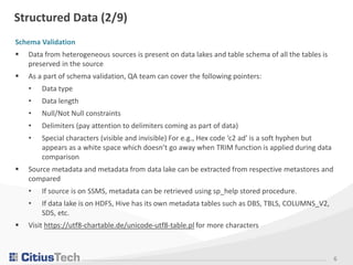 6
Structured Data (2/9)
Schema Validation
▪ Data from heterogeneous sources is present on data lakes and table schema of a...