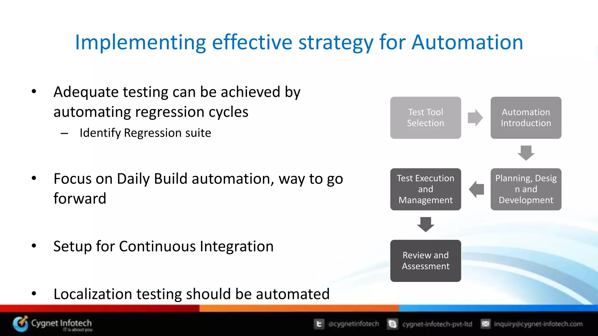 Implementing effective strategy for Automation

• Adequate testing can be achieved by
  automating regression cycles                   Test Tool       Automation
                                                 Selection       Introduction
    – Identify Regression suite


• Focus on Daily Build automation, way to go   Test Execution   Planning, Desig
                                                     and            n and
  forward                                      Management        Development



• Setup for Continuous Integration              Review and
                                                Assessment


• Localization testing should be automated
 