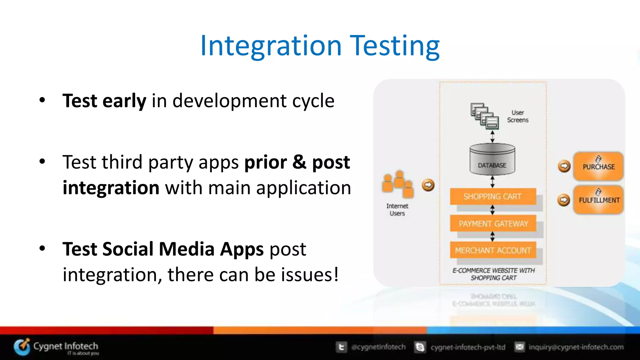 Integration Testing
• Test early in development cycle

• Test third party apps prior & post
  integration with main application

• Test Social Media Apps post
  integration, there can be issues!
 