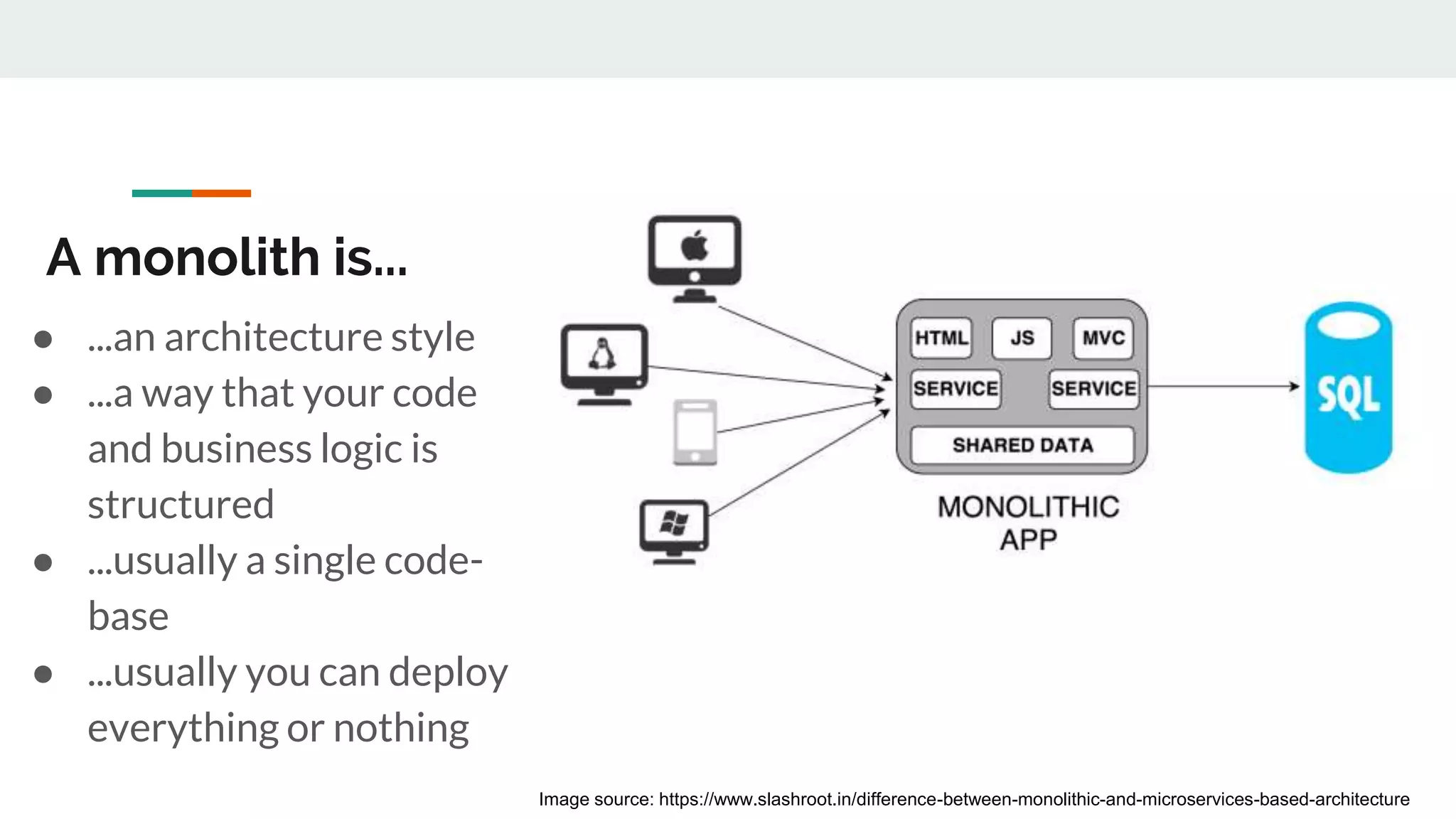 A monolith is...
● ...an architecture style
● ...a way that your code
and business logic is
structured
● ...usually a single code-
base
● ...usually you can deploy
everything or nothing
Image source: https://www.slashroot.in/difference-between-monolithic-and-microservices-based-architecture
 