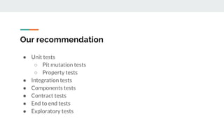 Our recommendation
● Unit tests
○ Pit mutation tests
○ Property tests
● Integration tests
● Components tests
● Contract tests
● End to end tests
● Exploratory tests
 