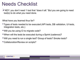 Needs Checklist
KEY: you don’t need 1 tool that “does it all.” But you are going to need
tool(s) to do what you need done.
What have you learned thus far?
•Types of tests needed to be executed (API tests, DB validation, UI tests,
Integration tests, etc.)
•Will you be using CI to migrate code?
•When will the tests be executed during a Sprint (cadence)?
•Will you need to run a single test? Group of tests? Smoke tests?
•Collaboration/Review on scripts?
22
 