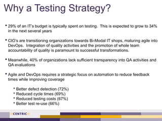 Why a Testing Strategy?
• 29% of an IT’s budget is typically spent on testing. This is expected to grow to 34%
in the next several years
• CIO’s are transitioning organizations towards Bi-Modal IT shops, maturing agile into
DevOps. Integration of quality activities and the promotion of whole team
accountability of quality is paramount to successful transformations.
• Meanwhile, 40% of organizations lack sufficient transparency into QA activities and
QA evaluations
• Agile and DevOps requires a strategic focus on automation to reduce feedback
times while improving coverage
• Better defect detection (72%)
• Reduced cycle times (69%)
• Reduced testing costs (67%)
• Better test re-use (66%)
 