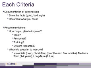 Each Criteria
•Documentation of current state
•State the facts (good, bad, ugly)
•Document what you found
•Recommendations
•How do you plan to improve?
•Tools?
•Personnel?
•Training?
•System resources?
•When do you plan to improve?
•Immediate (now), Short-Term (over the next few months), Medium-
Term (1-2 years), Long-Term (future)
41
 