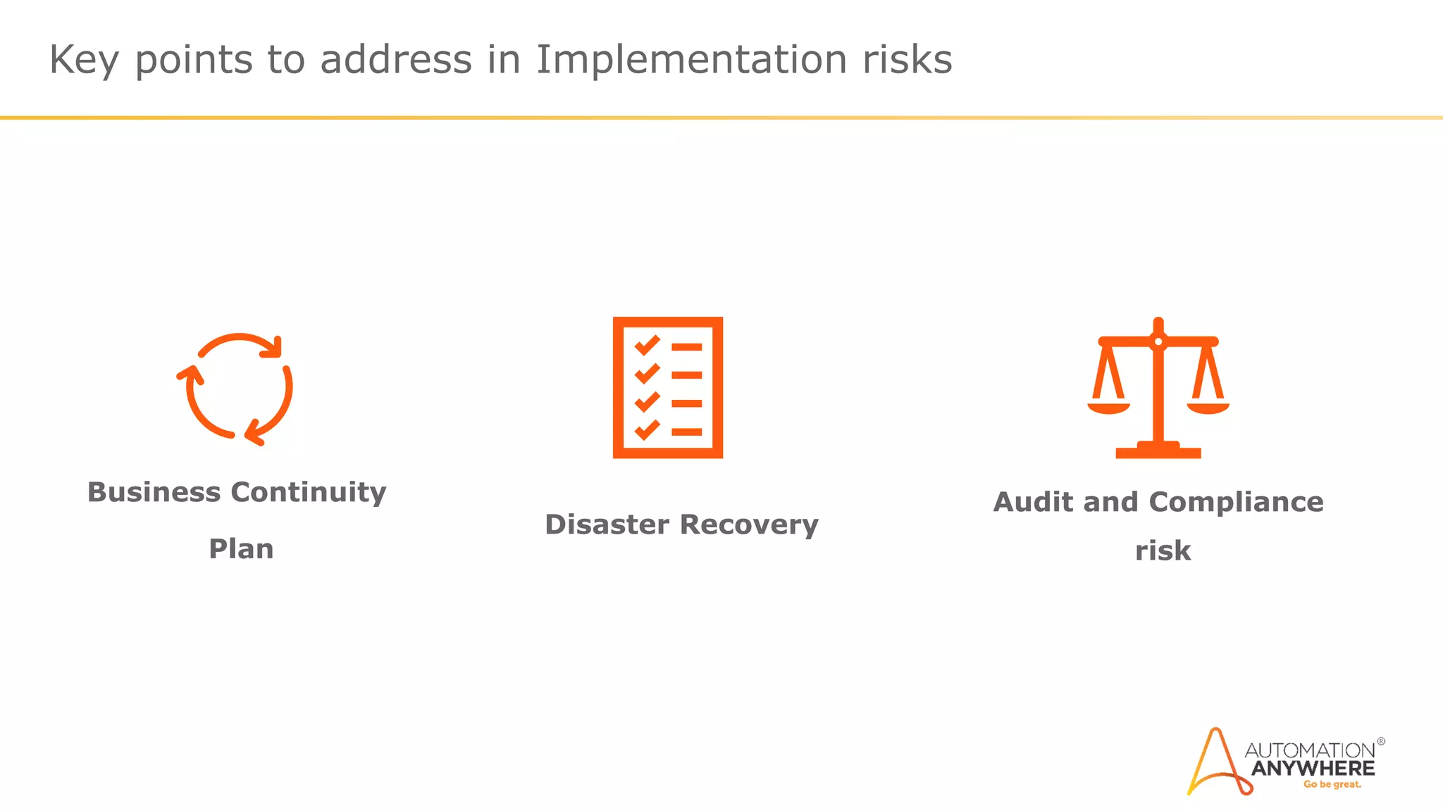 Key points to address in Implementation risks
Business Continuity
Plan
Disaster Recovery
Audit and Compliance
risk
 