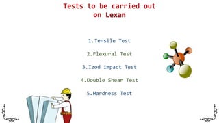 1.Tensile Test
2.Flexural Test
3.Izod impact Test
4.Double Shear Test
5.Hardness Test
 