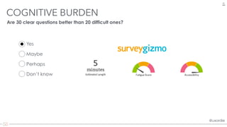 @uxordie@uxordie
COGNITIVE BURDEN
20
Are 30 clear questions better than 20 difficult ones?
Perhaps
Yes
Maybe
Don’t know
 