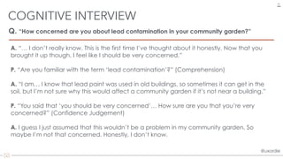 @uxordie@uxordie
Q. “How concerned are you about lead contamination in your community garden?”
COGNITIVE INTERVIEW
27
A. “...