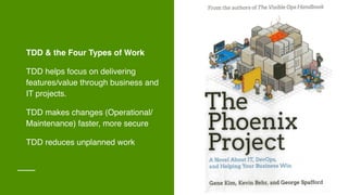 TDD & the Four Types of Work
TDD helps focus on delivering
features/value through business and
IT projects.
TDD makes changes (Operational/
Maintenance) faster, more secure
TDD reduces unplanned work
 
