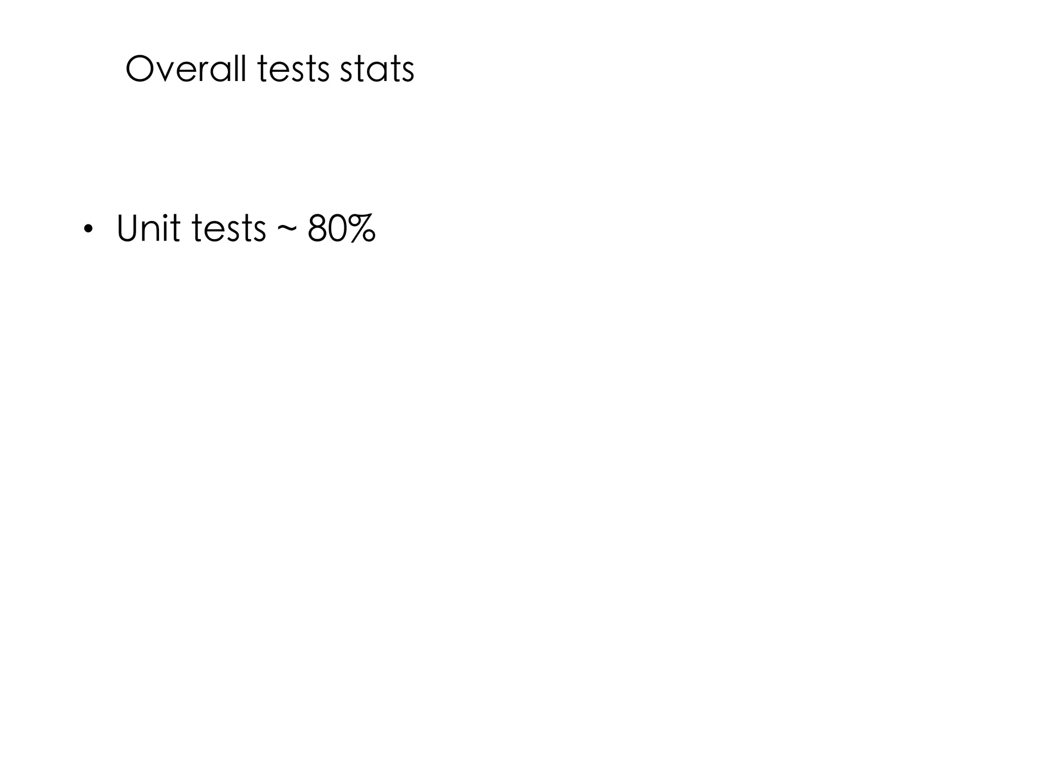 • Unit tests ~ 80%
Overall tests stats
 