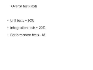 • Unit tests ~ 80%
• Integration tests ~ 20%
• Performance tests - 18
Overall tests stats
 