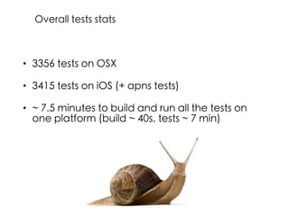• 3356 tests on OSX
• 3415 tests on iOS (+ apns tests)
• ~ 7.5 minutes to build and run all the tests on
one platform (build ~ 40s, tests ~ 7 min)
Overall tests stats
 