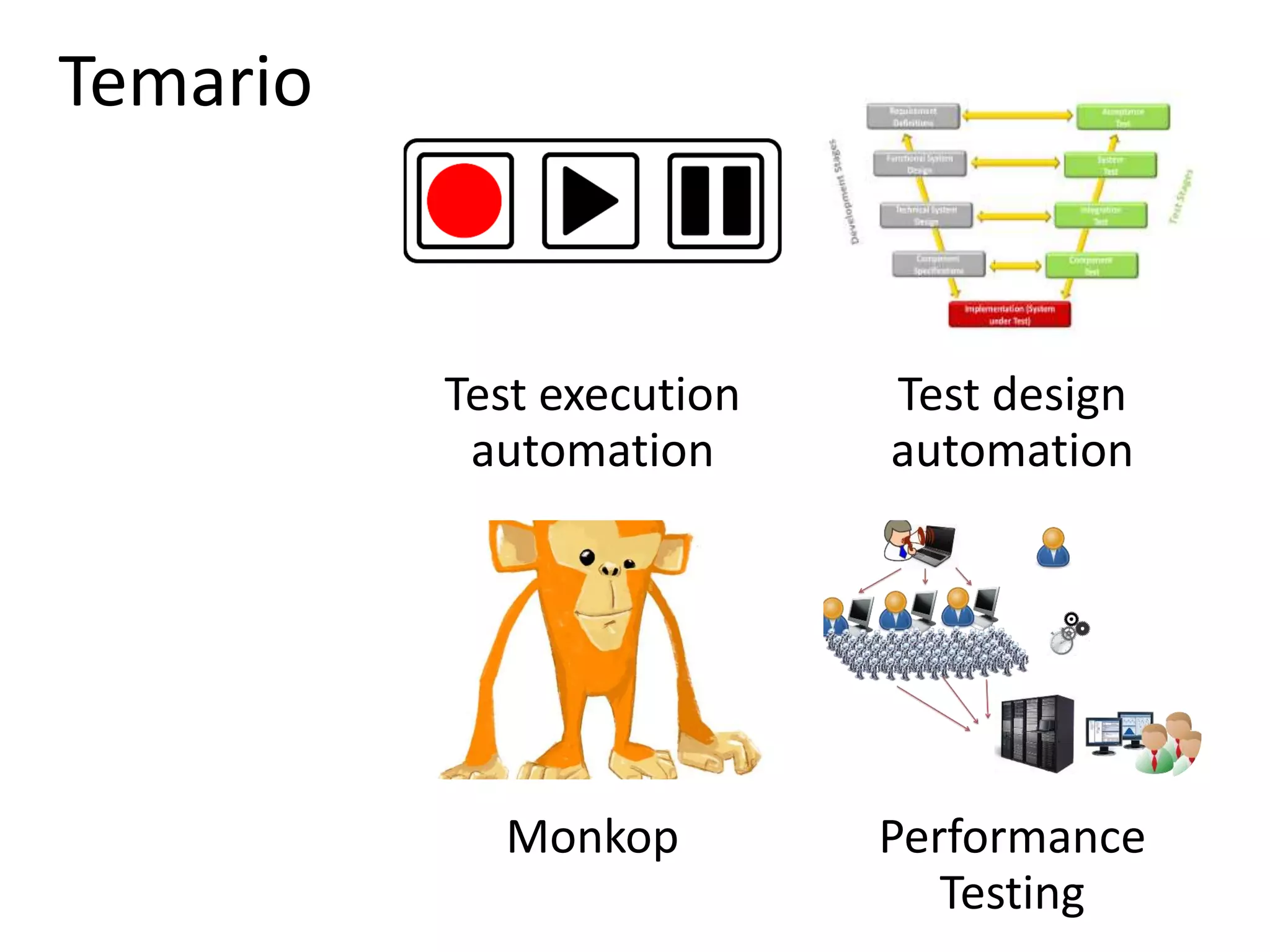 Temario
Test execution
automation
Test design
automation
Monkop Performance
Testing
 