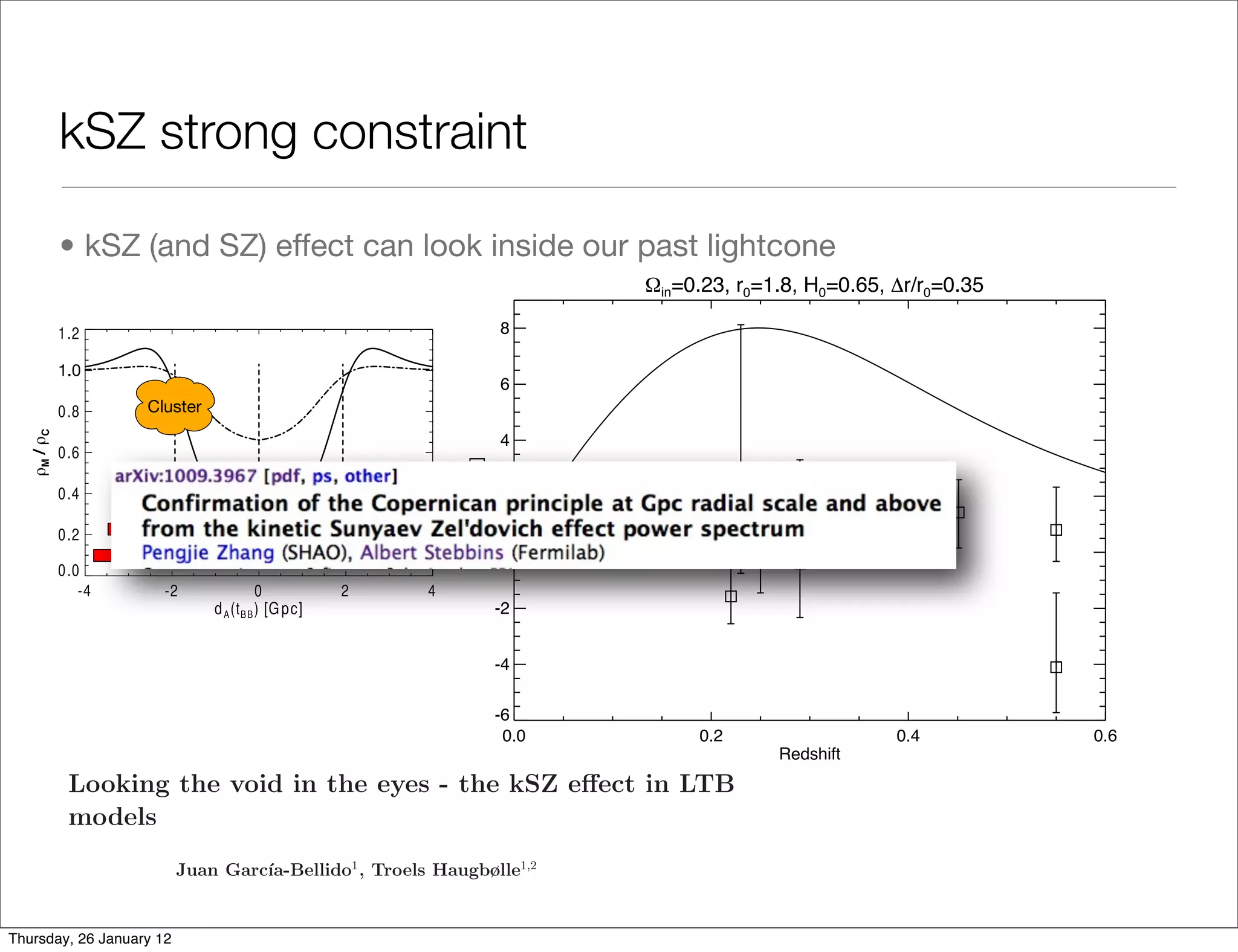 e 2. Examples of the size of the dipole for diﬀerent parameters of the constrained
model [19]. strong constraint left ﬁgure is the ﬁrst order approximation
     kSZ The dashed line in the
n [30].

            • kSZ (and SZ) effect can look inside our past lightcone
                                                                                                              !in=0.23, r0=1.8, H0=0.65, "r/r0=0.35
 e void in90 eyes - the kSZ eﬀect in LTB models
           the                                                                                            6
                                                                                                   8
            60

                                                                                                   6

            30                                                                                     4

                                                                                  vP [1000 km/s]
                                                                                                   2
            0             -45            -90           -135
                                                                                                   0


                                                                                                   -2
            -30
      Figure 1. An oﬀ-centre cluster of galaxies in a void will “observe” CMB photons
                                                                                       -4
      coming from the last scattering surface from all directions. Due to the higher expansion
      rate inside the void, photons arriving through the centre (from the right in the ﬁgure)
      will have a larger redshift (∆zin ), than photons arriving directly from the LSS (left,
            -60
                                                                                       -6
      with ∆zout ). There is a subdominant eﬀect due to the time-dependent density proﬁle
                                                                                         0.0
      (the solid line corresponds to the current time, while the dot-dashed line to one tenth of                   0.2                   0.4          0.6
      the present time). With a larger underdensity at later times, we have ∆z1 > ∆z4 , and
            -90                                                                                                             Redshift
      ∆z2 + ∆z3 < 0, giving an overall diﬀerence ∆z1 > ∆z2 + ∆z3 + ∆z4 or, equivalently, a
             Looking the void in the eyes - the kSZ eﬀect in LTB
      subdominant dipole with a blueshift towards the centre of the void. The overall eﬀect
      is a blueshift away from the centre.
             models
e 3. The angular and redshift distribution of current observations together with
                                                              1                                         1,2
  quently, in the ideal case Juan Garc´void, and a well embedded cluster, the
                             of a sphericalıa-Bellido , Troels Haugbølle
 server will see an almost perfect dipole in the CMB, aligned along the radial parsec sized void model. Red triangles and
  dicted dipoleInstituto de 28049 Madrid, UAM-CSIC, a gigaAut´noma de Madrid,
                                1
                                 distribution for Universidad o
                                           F´ısica Te´rica
                                                     o
008




                             Cantoblanco,                  Spain,
  and with the blueshift pointing away from the centre of the void, where the
 suares26 January 12 Department of Physics and Astronomy,negative peculiar C,
   (see Fig. 1).represent of a spherical void and CMB sky of of Aarhus, DK-8000 Aarhus velocities respectively, with the
                 The detailed eﬀect positive on the University an
                                2
   Thursday,
 