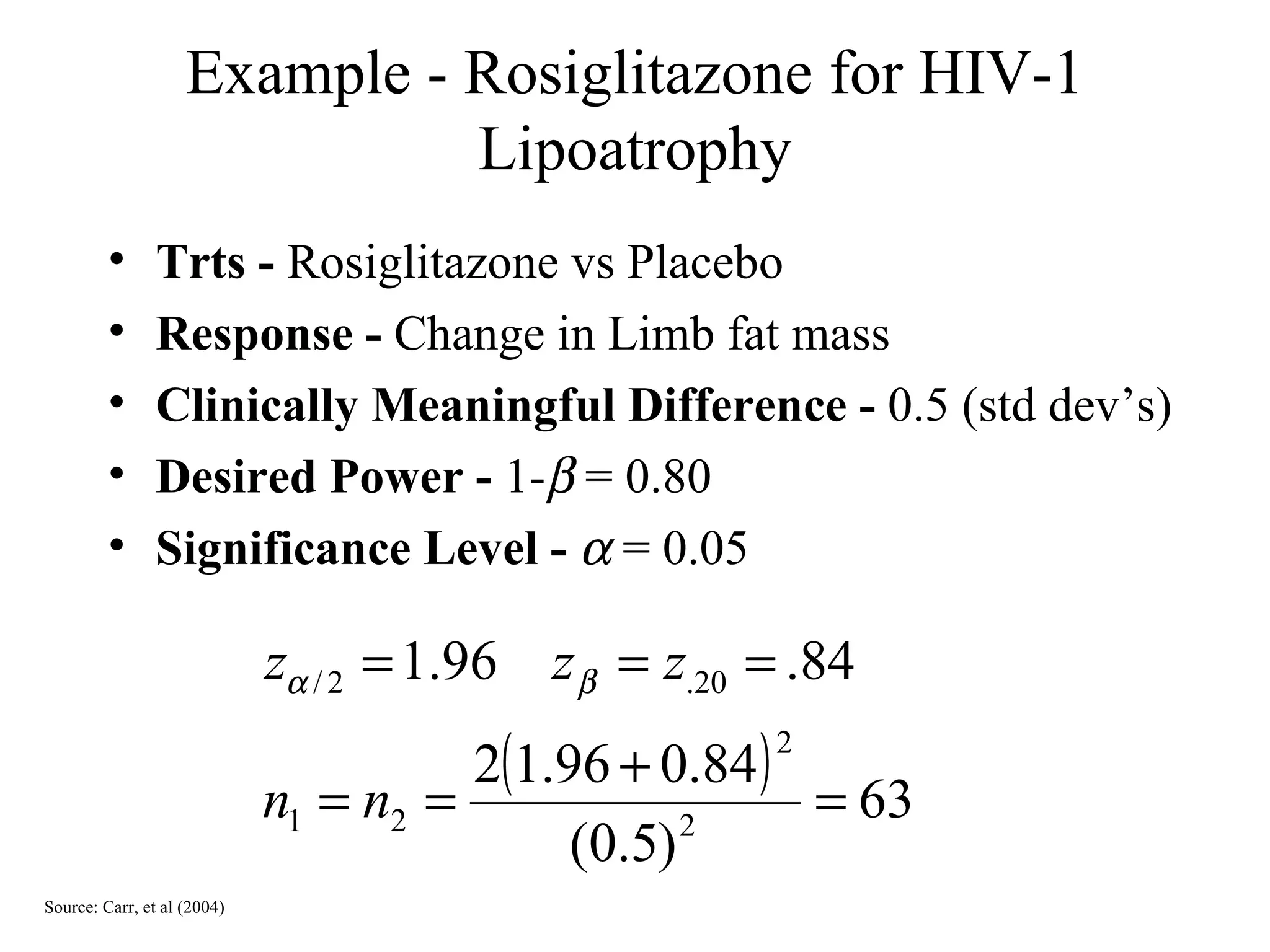 Example - Rosiglitazone for HIV-1 Lipoatrophy Trts -  Rosiglitazone vs Placebo Response -  Change in Limb fat mass Clinically Meaningful Difference -  0.5 (std dev’s) Desired Power -  1-   = 0.80 Significance Level -    = 0.05 Source: Carr, et al (2004) 