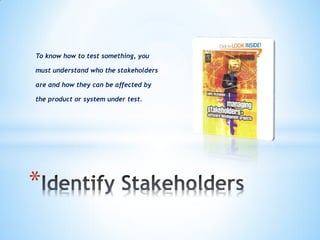 To know how to test something, you

must understand who the stakeholders

are and how they can be affected by

the product or system under test.




*
 