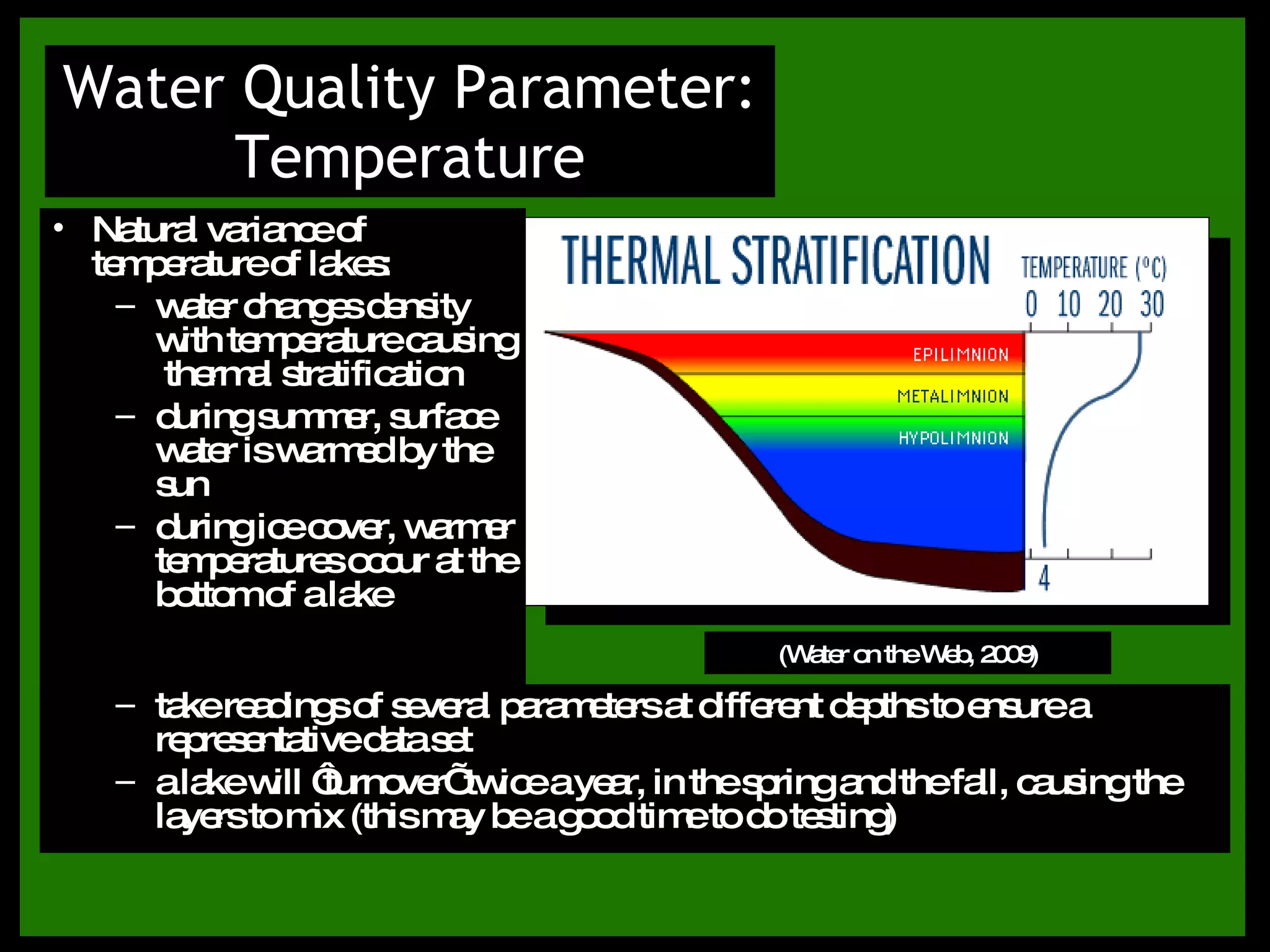 Water Quality Parameter: Temperature (Water on the Web, 2009) Natural variance of temperature of lakes: water changes density with temperature causing  thermal stratification during summer, surface water is warmed by the sun  during ice cover, warmer temperatures occur at the bottom of a lake take readings of several parameters at different depths to ensure a representative data set a lake will ‘turnover’ twice a year, in the spring and the fall, causing the layers to mix (this may be a good time to do testing) 