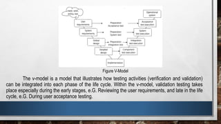 The v-model is a model that illustrates how testing activities (verification and validation)
can be integrated into each phase of the life cycle. Within the v-model, validation testing takes
place especially during the early stages, e.G. Reviewing the user requirements, and late in the life
cycle, e.G. During user acceptance testing.
Figure V-Model
 