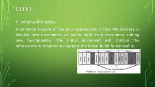 CONT…
b. Iterative life cycles
A common feature of iterative approaches is that the delivery is
divided into increments or builds with each increment adding
new functionality. The initial increment will contain the
infrastructure required to support the initial build functionality.
 
