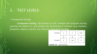 2. TEST LEVELS
• Component testing
Component testing, also known as unit, module and program testing,
searches for defects in, and verifies the functioning of software (e.g. modules,
programs, objects, classes, etc.) that are separately testable.
 