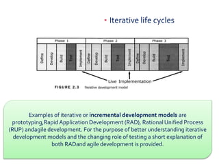 6 6
▪ Iterative life cycles
Examples of iterative or incremental development models are
prototyping,RapidApplication Development (RAD), Rational Unified Process
(RUP) andagile development. For the purpose of better understanding iterative
development models and the changing role of testing a short explanation of
both RADand agile development is provided.
 