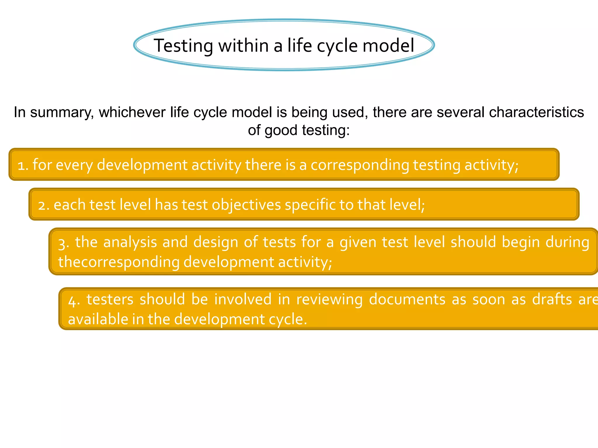 Testing within a life cycle model
In summary, whichever life cycle model is being used, there are several characteristics
of good testing:
1. for every development activity there is a corresponding testing activity;
2. each test level has test objectives specific to that level;
3. the analysis and design of tests for a given test level should begin during
thecorresponding development activity;
4. testers should be involved in reviewing documents as soon as drafts are
available in the development cycle.
 