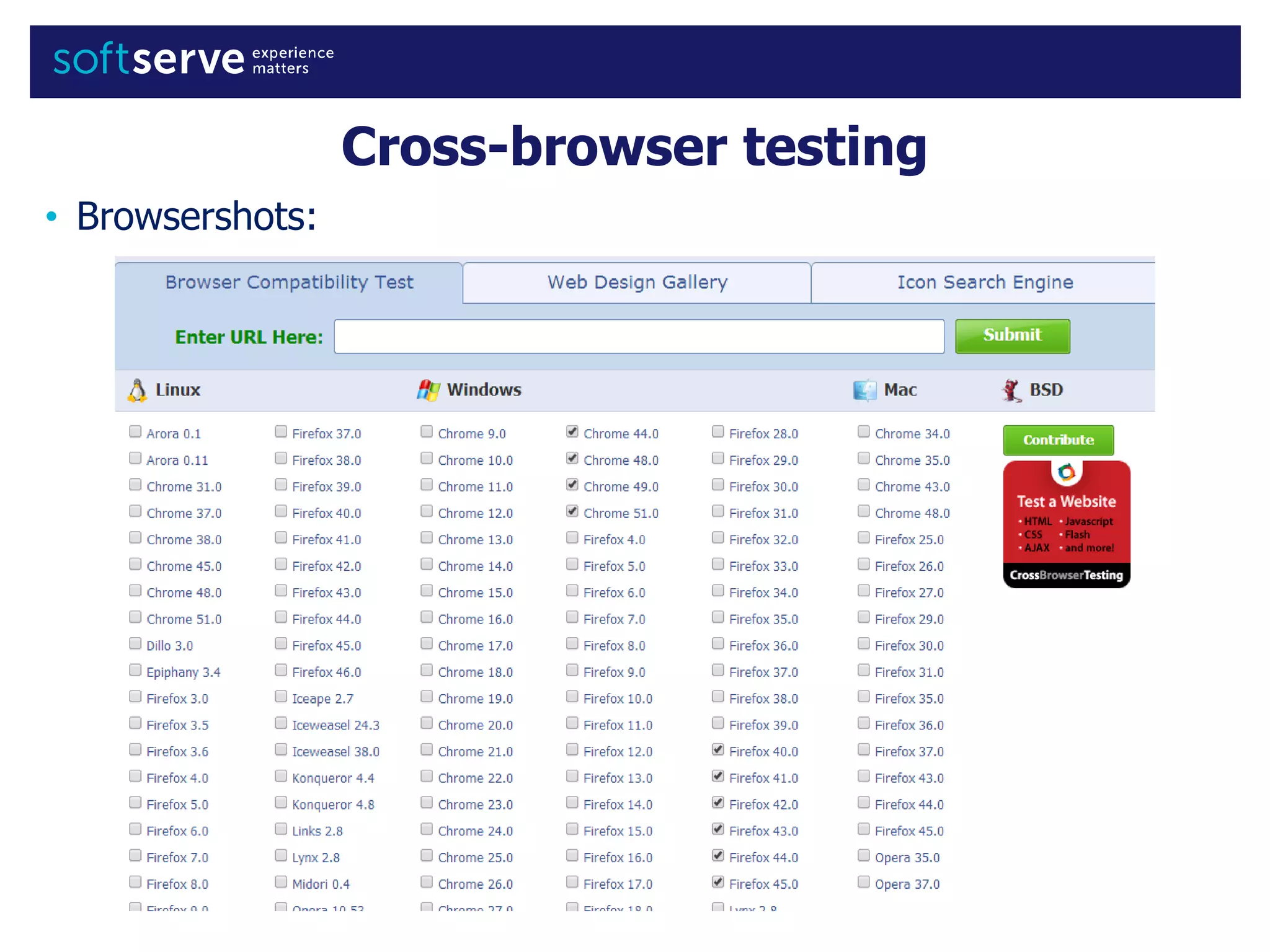 Cross-browser testing
• Browsershots: