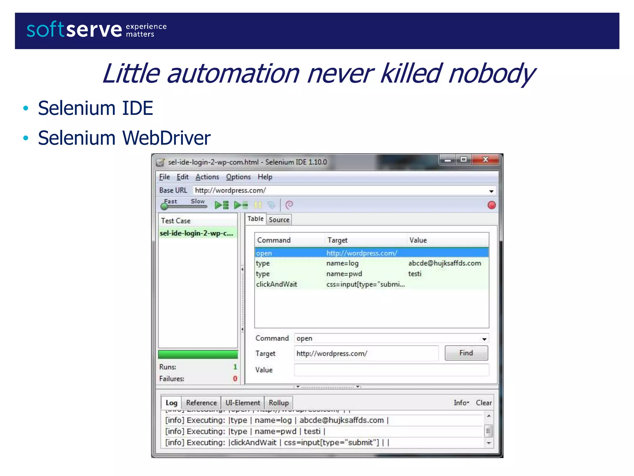 Little automation never killed nobody
• Selenium IDE
• Selenium WebDriver