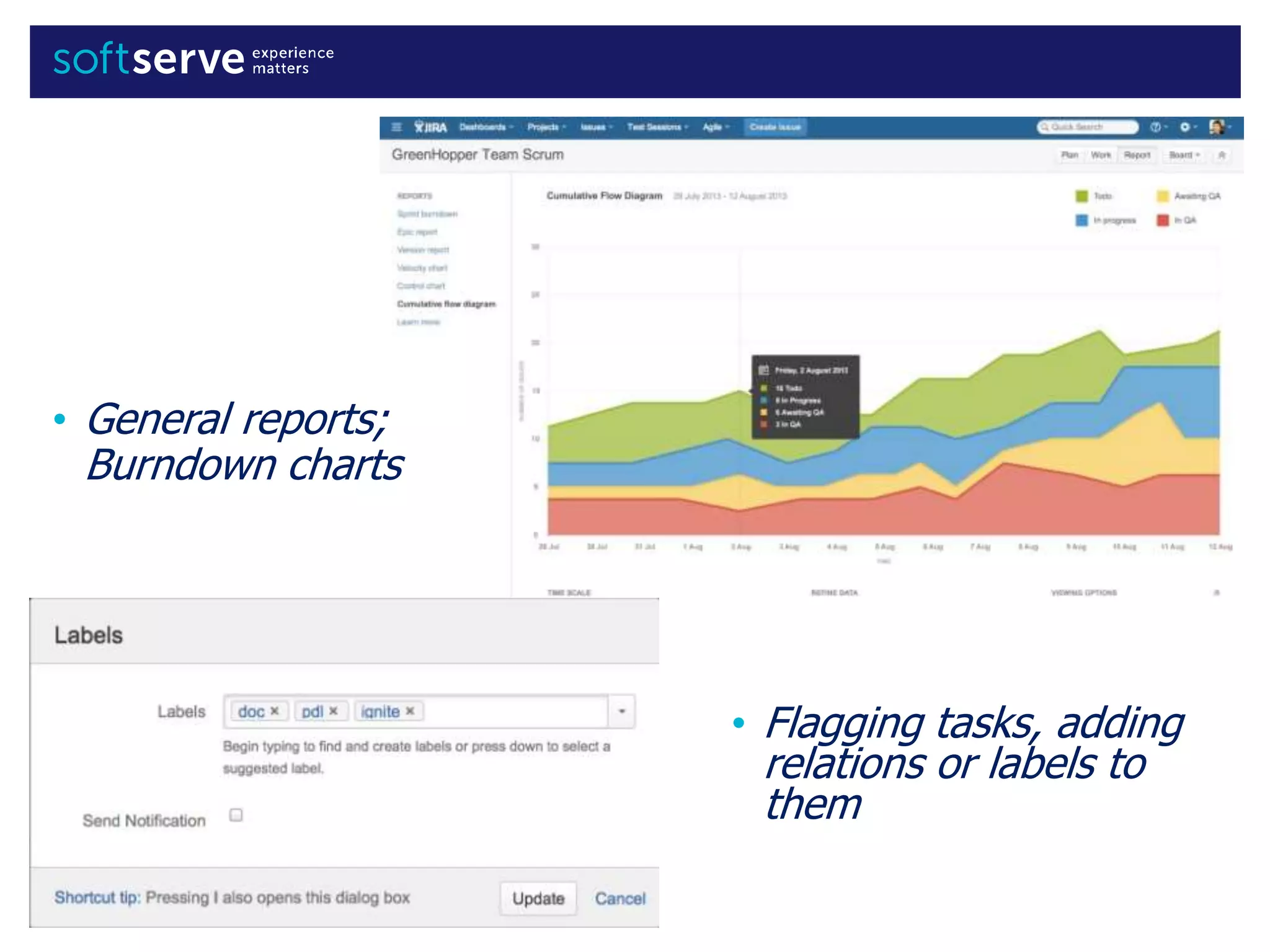 • General reports;
Burndown charts
• Flagging tasks, adding
relations or labels to
them