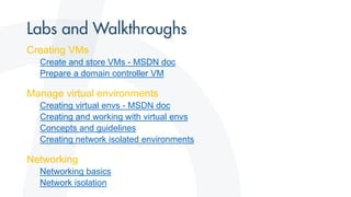 Creating VMs
Create and store VMs - MSDN doc
Prepare a domain controller VM

Manage virtual environments
Creating virtual envs - MSDN doc
Creating and working with virtual envs
Concepts and guidelines
Creating network isolated environments

Networking
Networking basics
Network isolation

 
