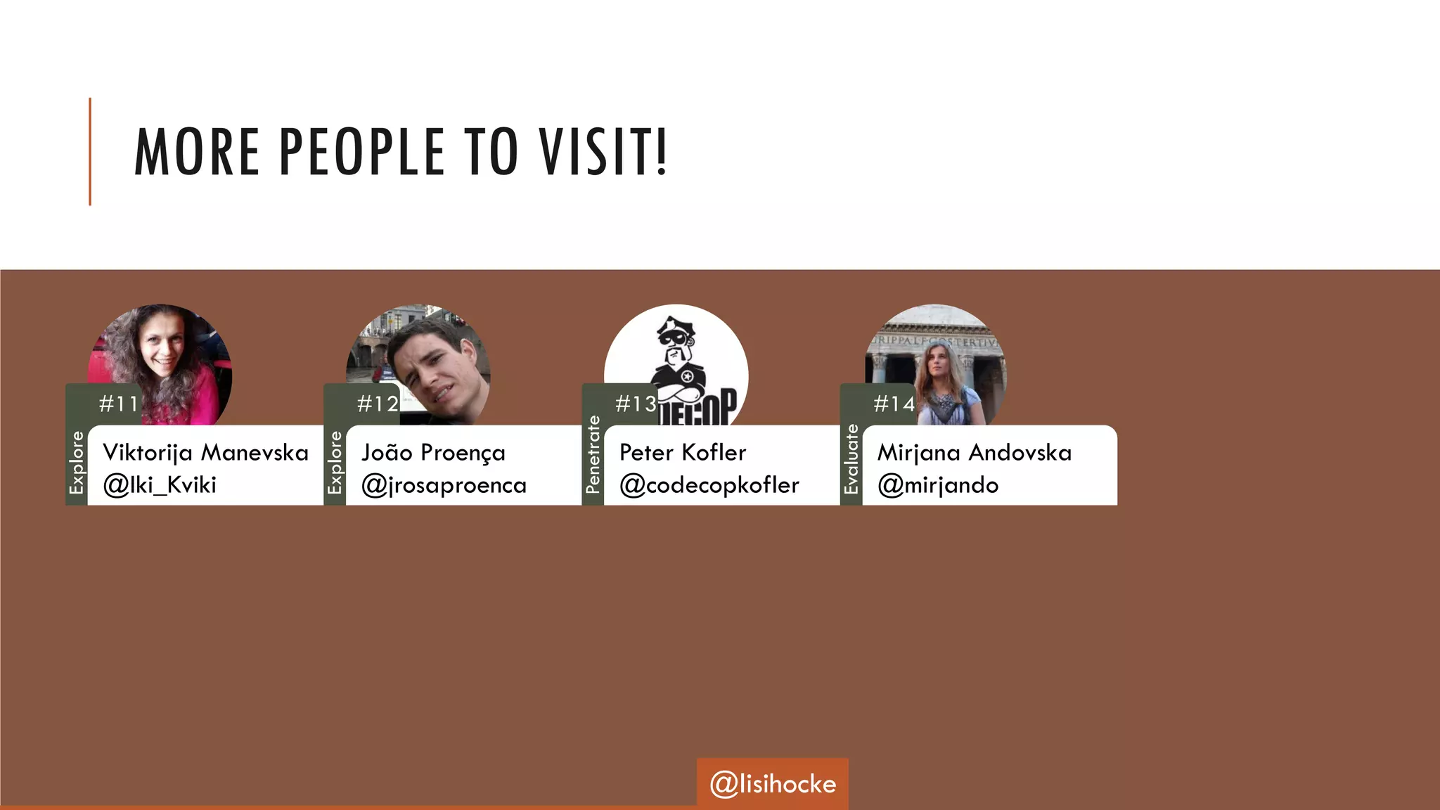 MORE PEOPLE TO VISIT!
#11
Viktorija Manevska
@Iki_Kviki
#12
João Proença
@jrosaproenca
#13
Peter Kofler
@codecopkofler
#14
Mirjana Andovska
@mirjando
@lisihocke
Explore
Explore
Penetrate
Evaluate
 