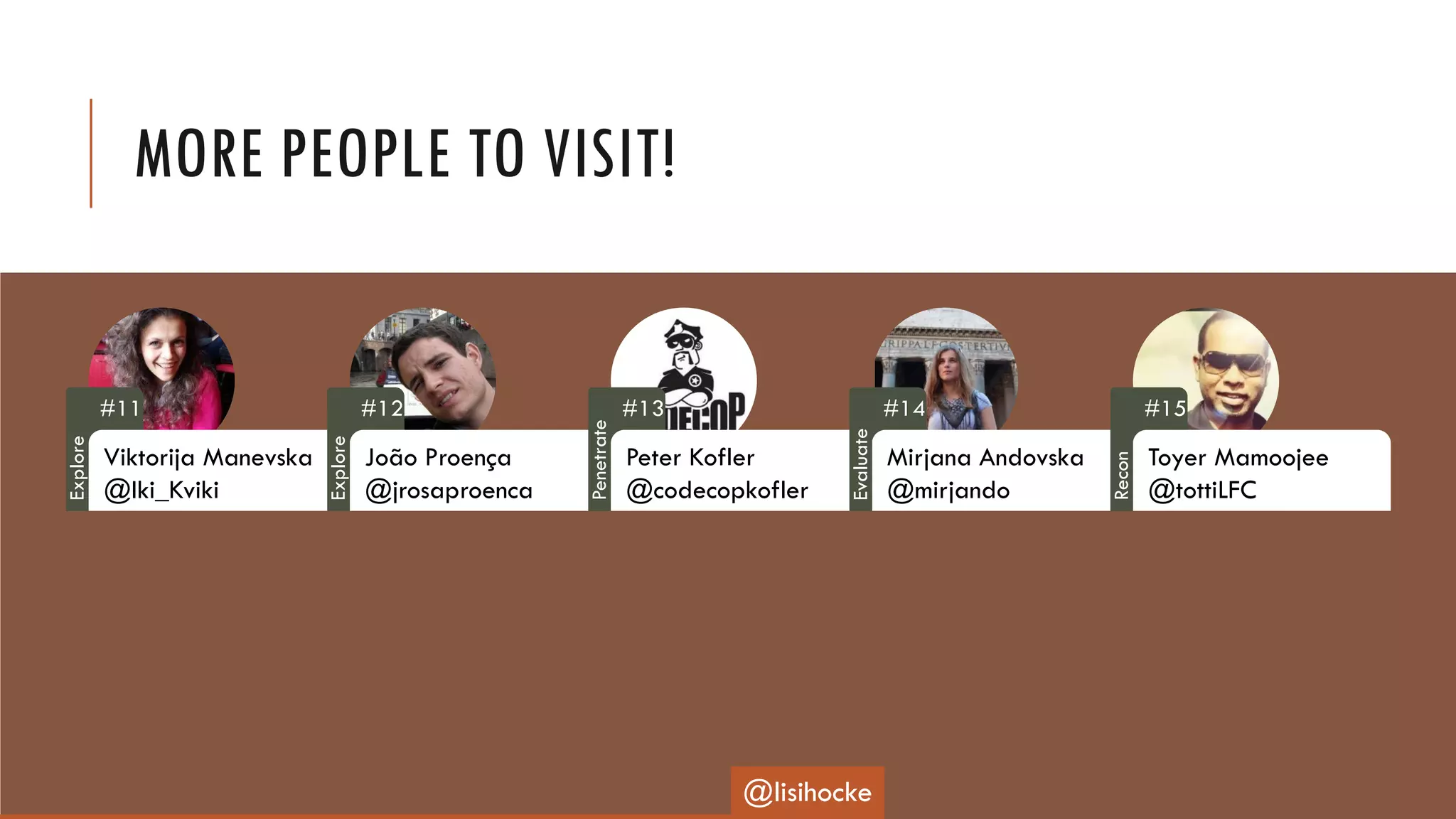 MORE PEOPLE TO VISIT!
#11
Viktorija Manevska
@Iki_Kviki
#12
João Proença
@jrosaproenca
#13
Peter Kofler
@codecopkofler
#14
Mirjana Andovska
@mirjando
#15
Toyer Mamoojee
@tottiLFC
@lisihocke
Explore
Explore
Penetrate
Evaluate
Recon
 