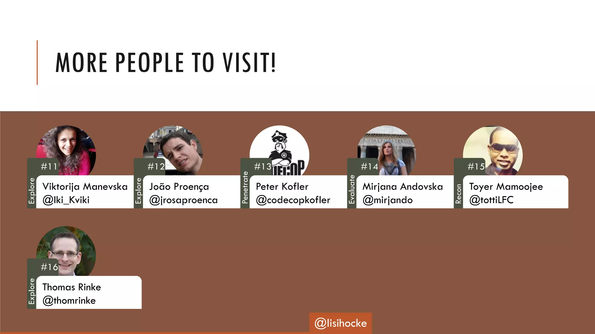 MORE PEOPLE TO VISIT!
#11
Viktorija Manevska
@Iki_Kviki
#12
João Proença
@jrosaproenca
#13
Peter Kofler
@codecopkofler
#14
Mirjana Andovska
@mirjando
#15
Toyer Mamoojee
@tottiLFC
#16
Thomas Rinke
@thomrinke
@lisihocke
Explore
Explore
Penetrate
Evaluate
Recon
Explore
 