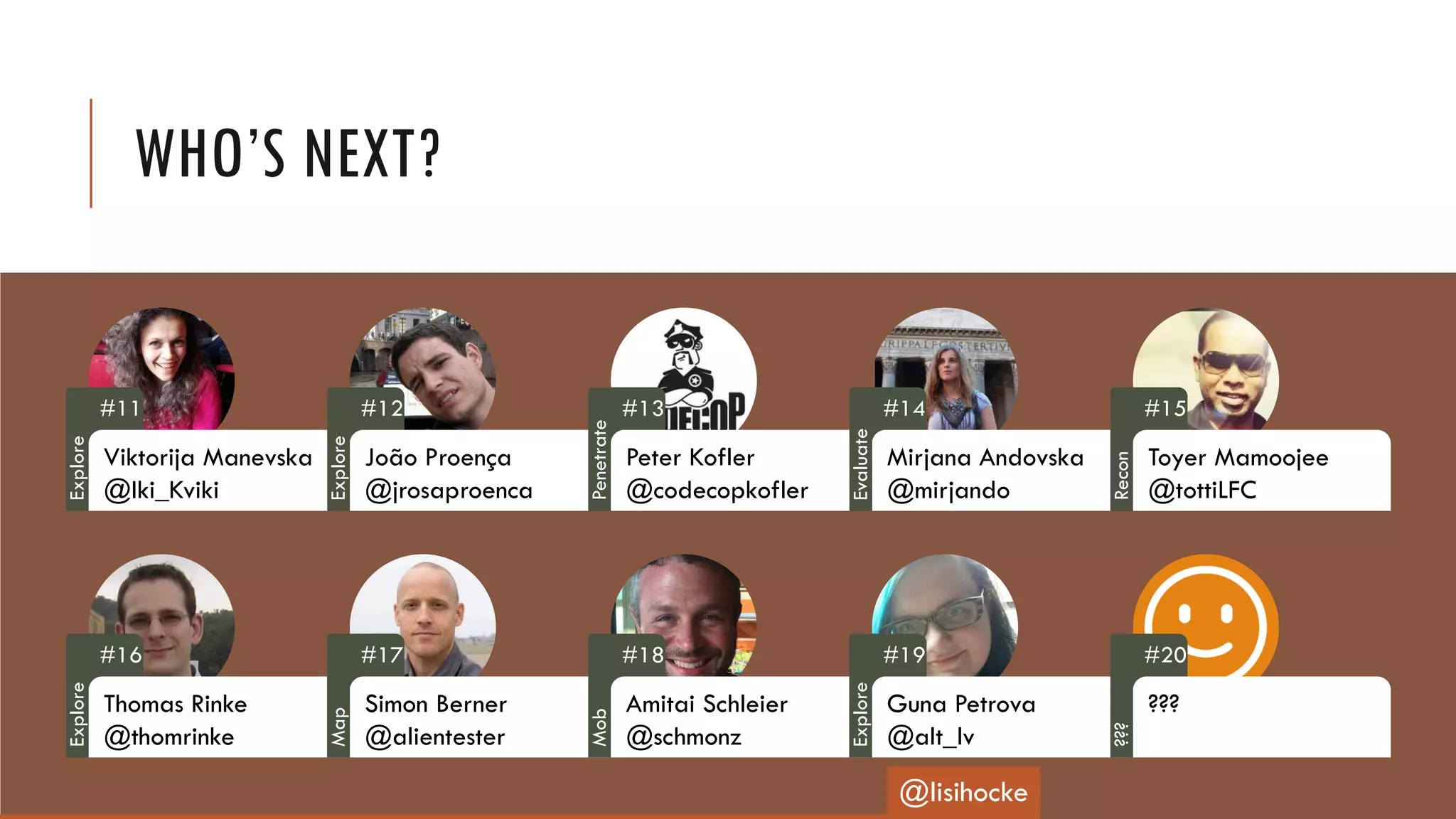 WHO’S NEXT?
#11
Viktorija Manevska
@Iki_Kviki
#12
João Proença
@jrosaproenca
#13
Peter Kofler
@codecopkofler
#14
Mirjana Andovska
@mirjando
#15
Toyer Mamoojee
@tottiLFC
#16
Thomas Rinke
@thomrinke
#17
Simon Berner
@alientester
#20
???
@lisihocke
#18
Amitai Schleier
@schmonz
#19
Guna Petrova
@alt_lv
Explore
Explore
Penetrate
Evaluate
Recon
Explore
Mob
Explore
???
Map
 