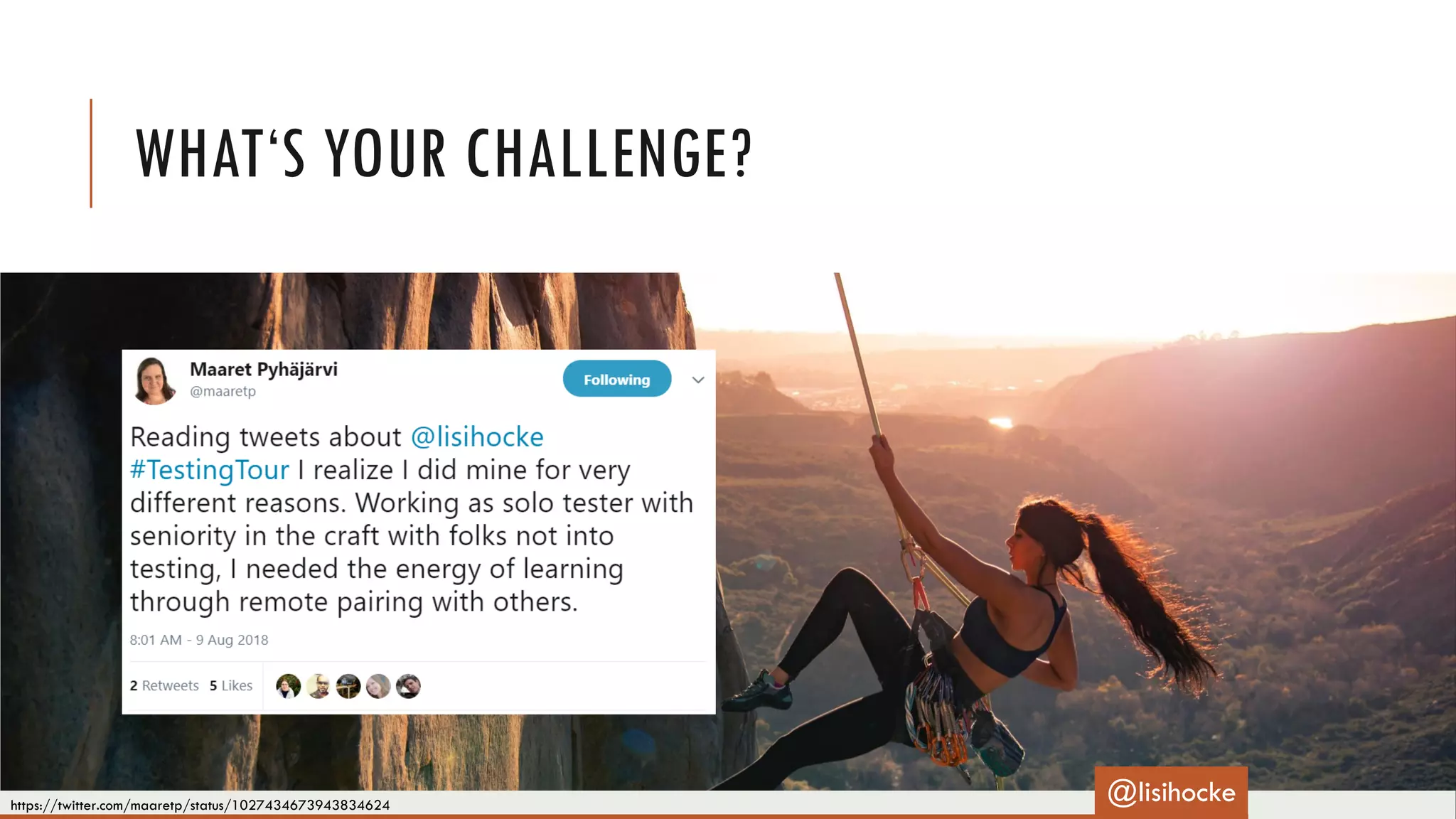 WHAT‘S YOUR CHALLENGE?
https://twitter.com/maaretp/status/1027434673943834624
@lisihocke
 