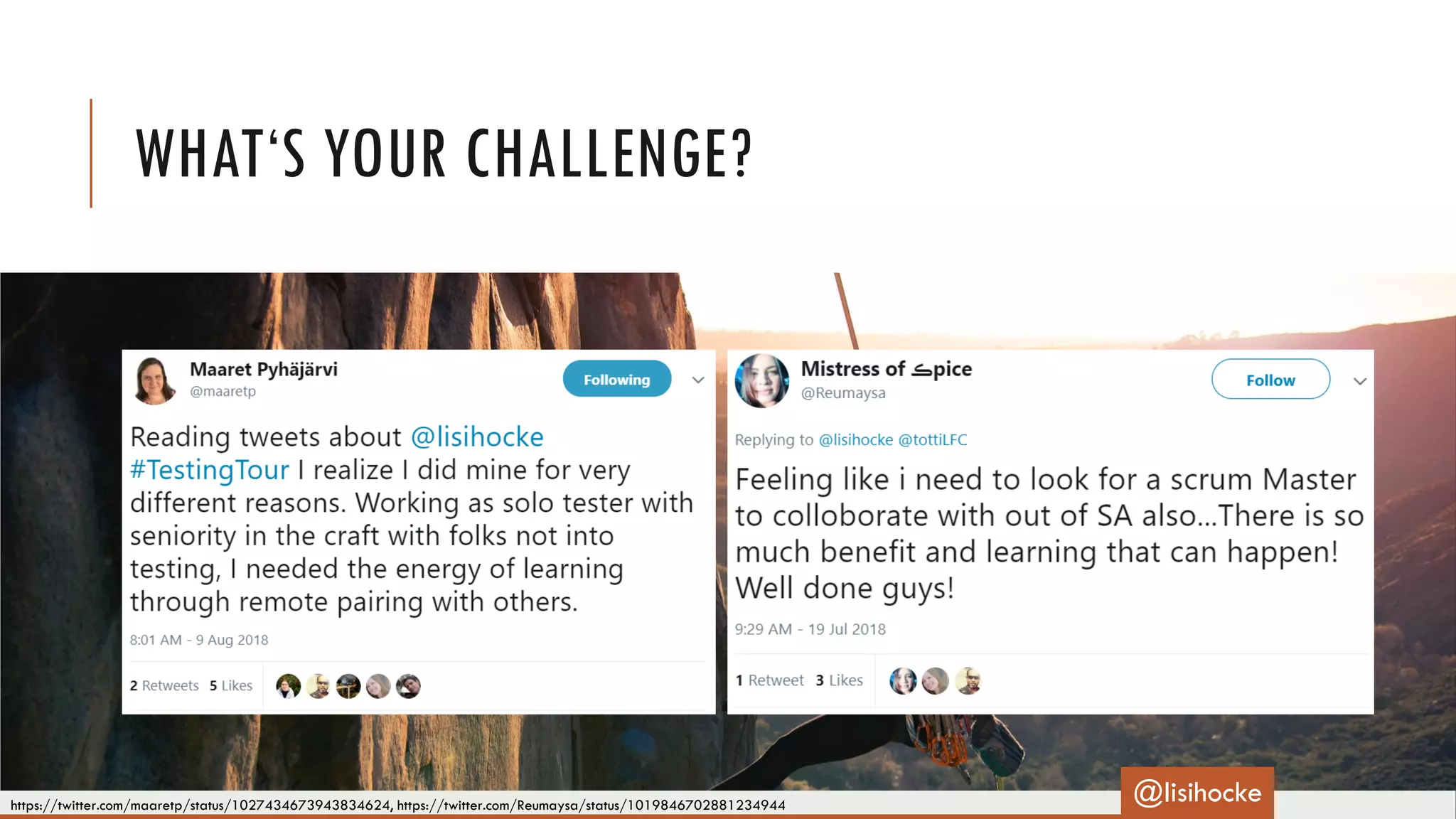WHAT‘S YOUR CHALLENGE?
https://twitter.com/maaretp/status/1027434673943834624, https://twitter.com/Reumaysa/status/1019846702881234944
@lisihocke
 