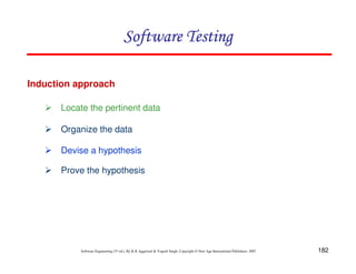 182
Software Engineering (3rd ed.), By K.K Aggarwal  Yogesh Singh, Copyright © New Age International Publishers, 2007
Induction approach
Software Testing
Software Testing
Software Testing
Software Testing
 Locate the pertinent data
 Organize the data
 Devise a hypothesis
 Prove the hypothesis
 
