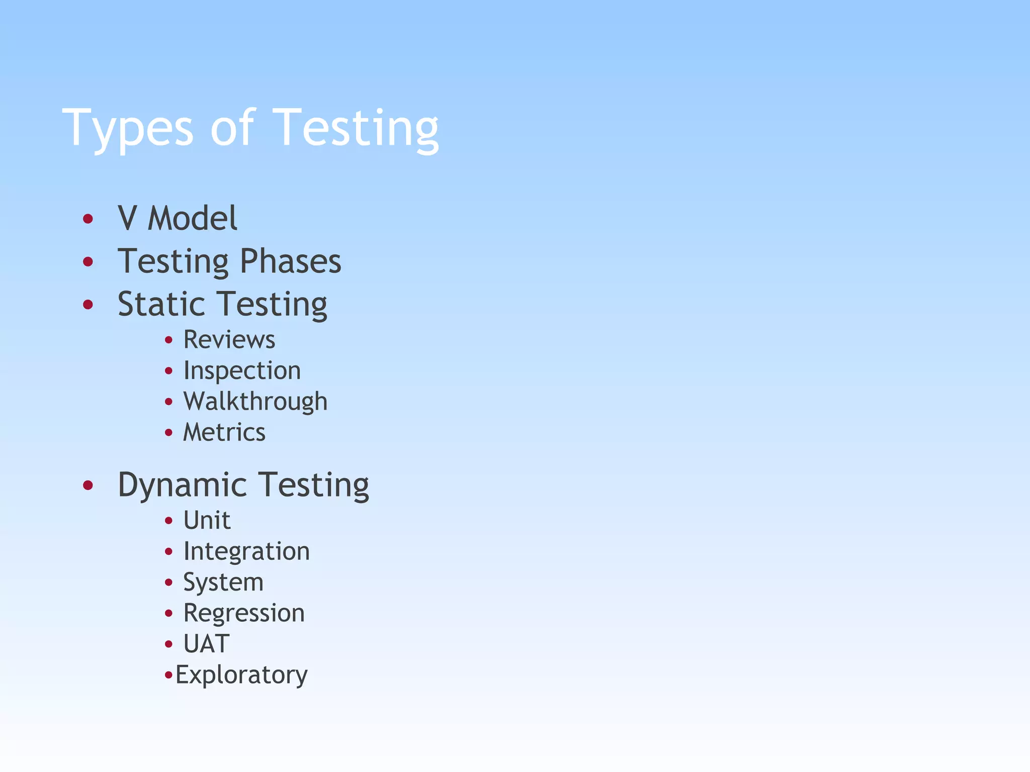 Types of Testing V Model Testing Phases Static Testing Reviews Inspection Walkthrough Metrics Dynamic Testing Unit Integration System Regression UAT Exploratory 